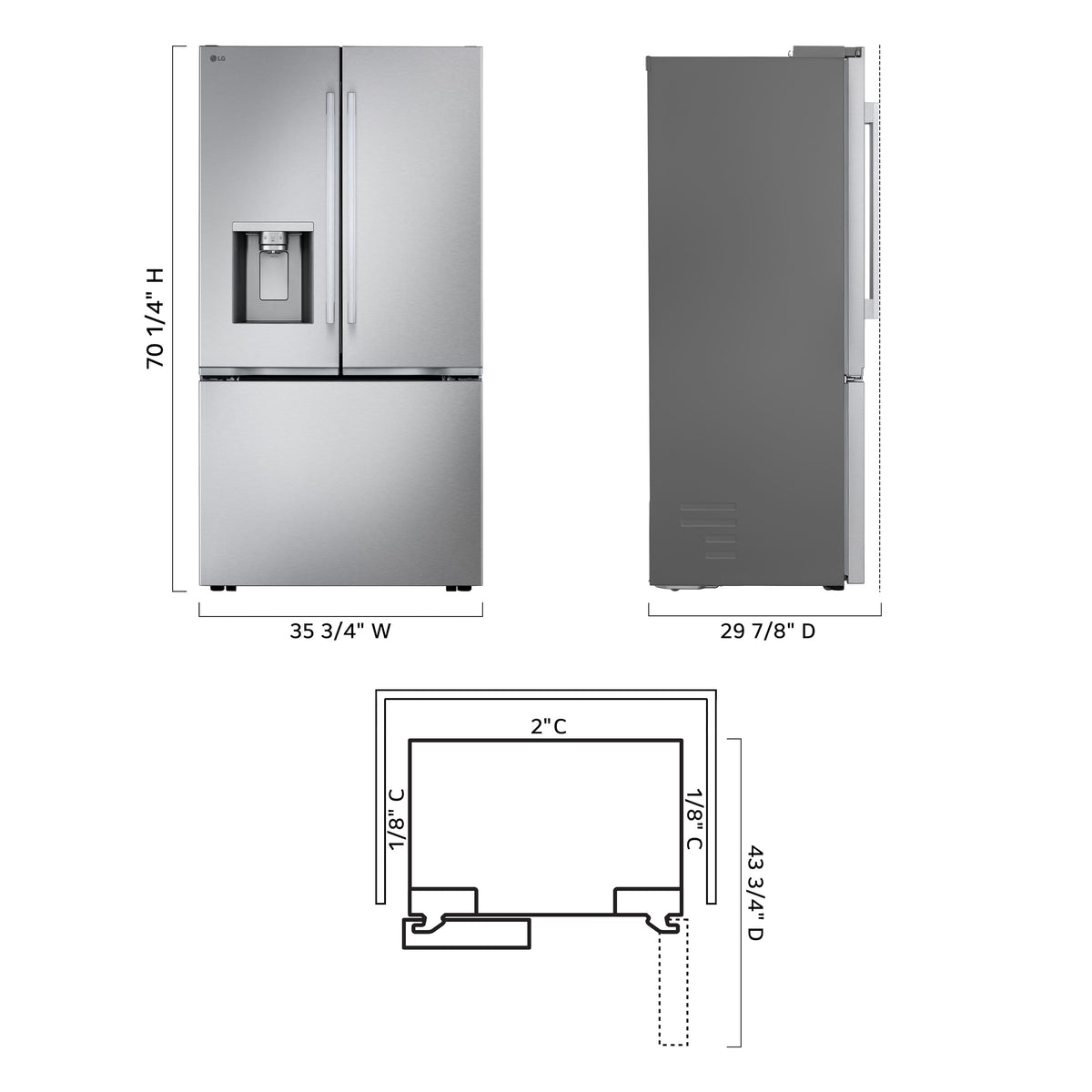 LG - 36-in Counter-Depth MAX 23.7 Cu. Ft. French Door Smart Refrigerator with Zero Clearance - Stainless Steel