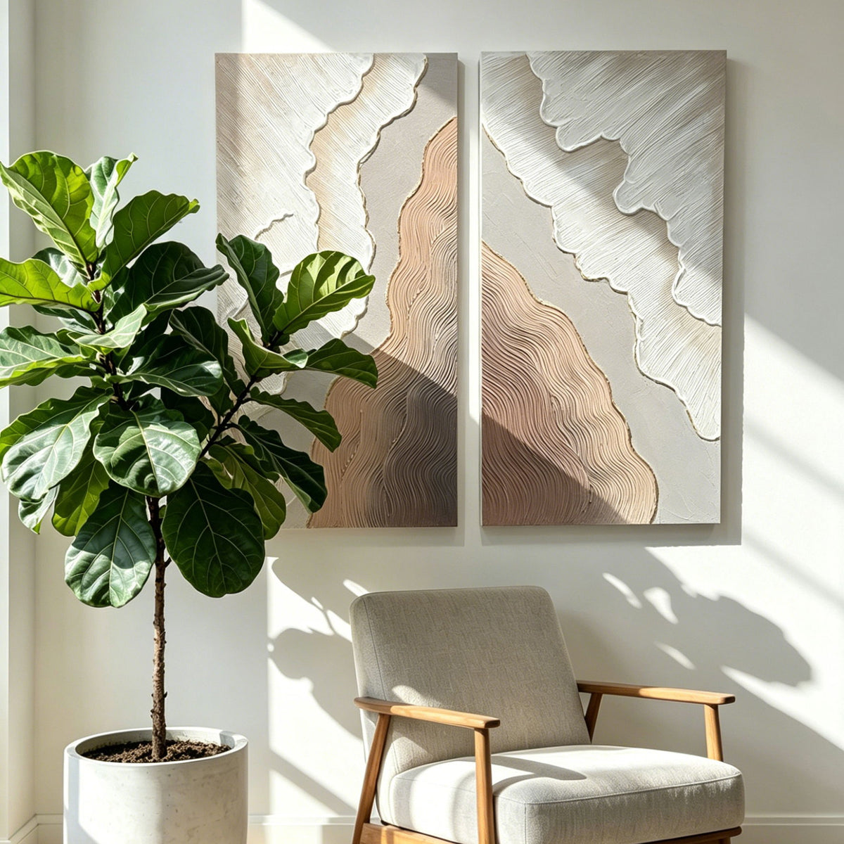 Arte mural abstracto, pintura en lienzo texturizado con detalles, decoración para sala de estar (juego de 2) - Marrón antiguo + blanco