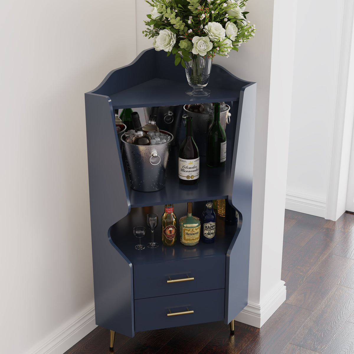 Corner Bar Cabinet With Mirrored Back, 2 Open Shelves & 2 Drawers, High Legs For Easy Cleaning