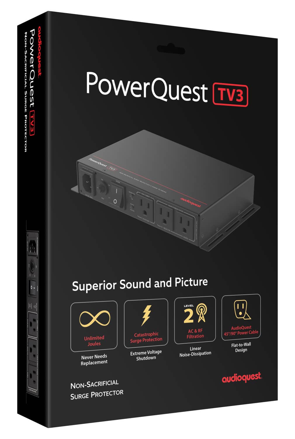 AudioQuest - PowerQuest TV3 3-Outlet Surge Protector for Wall-Mounted TVs (Non-Sacrificial, Noise-Dissipating, Behind-TV Design) - Black