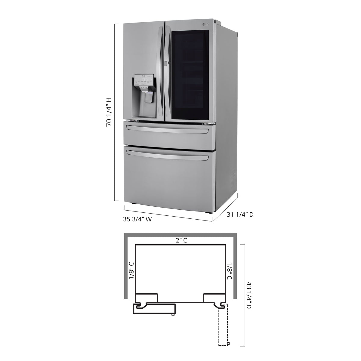 LG - 36-in Wide 22.5 Cu. Ft. 4-Door French Door-in-Door Counter-Depth Smart Refrigerator with Craft Ice - Stainless Steel