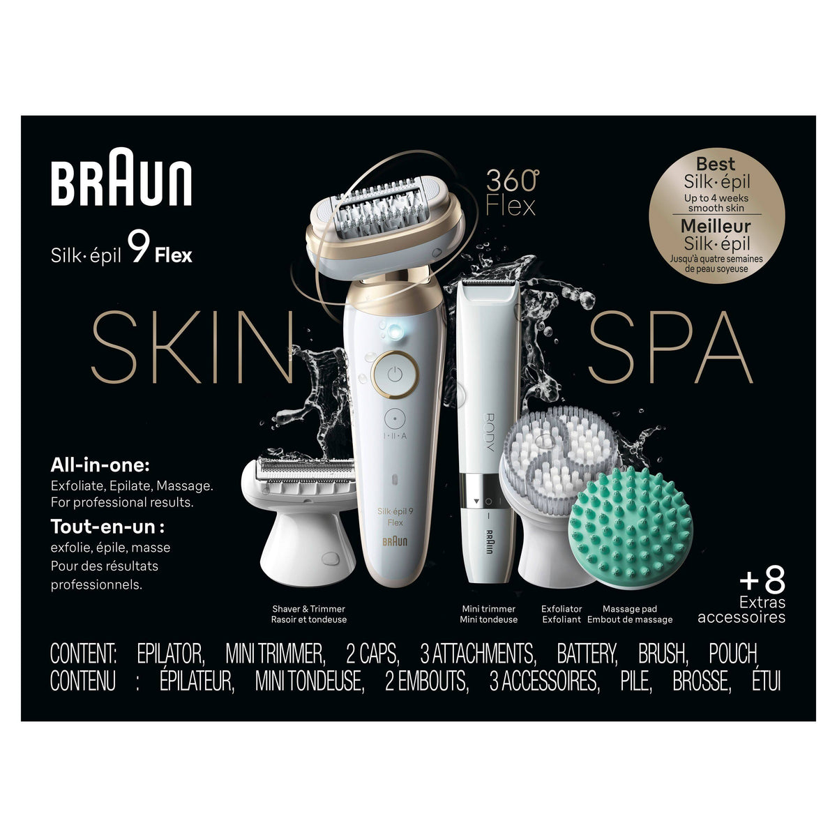 Braun - Silk-épil 9 Flex-Pivoting SkinSpa Epilator, Wet/Dry, Shaver Head, Massage Pad, Exfoliation Brush and BodyTrimmer - White/Tinted Gold
