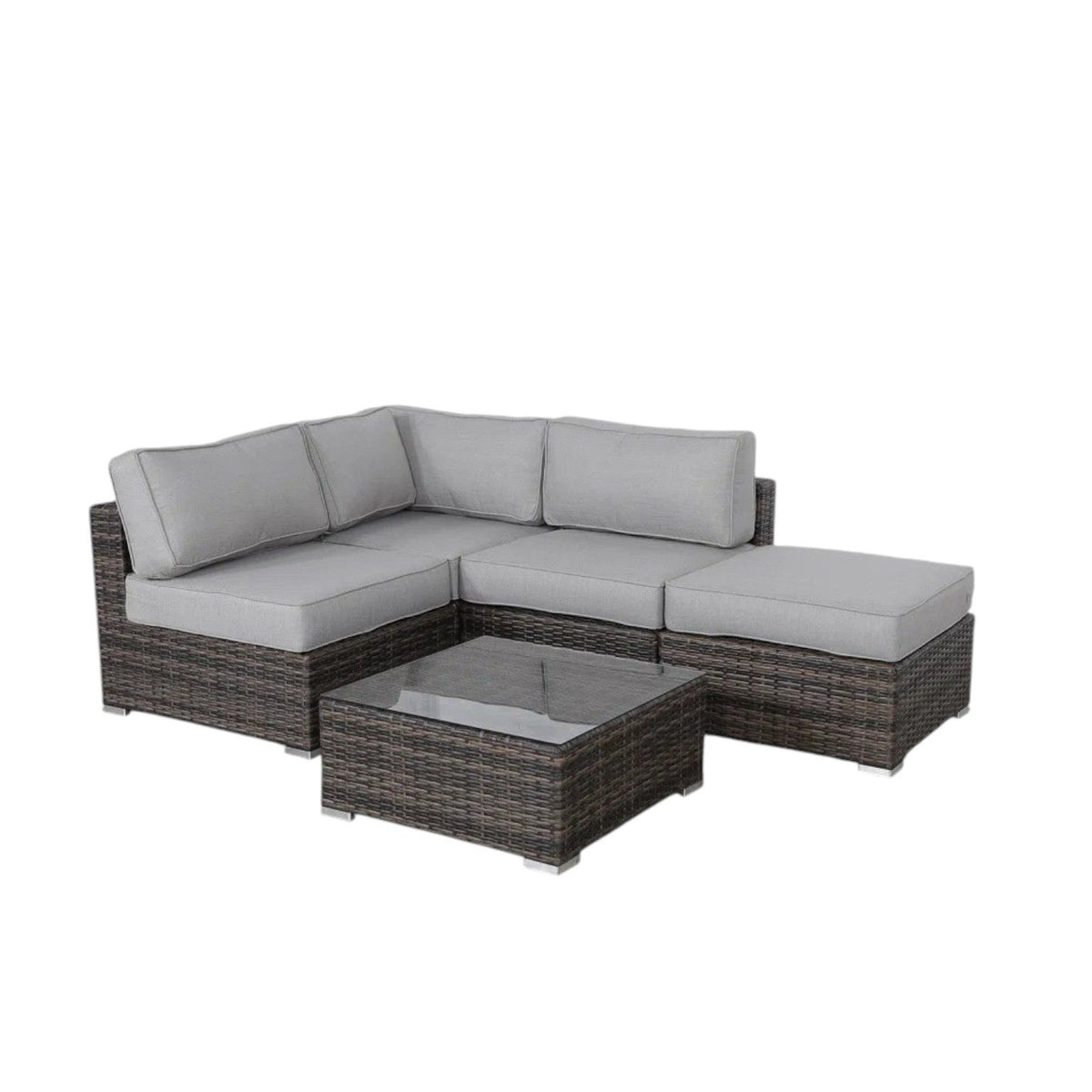 Wicker 3 Piece Seating Group With Plush Cushions, Sofa, Ottoman, And Glass Coffee Table - Brown