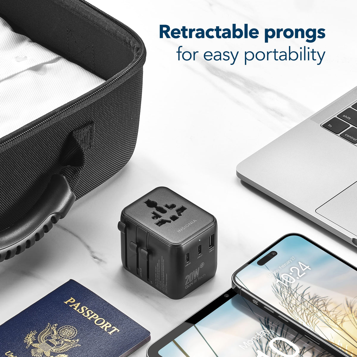 Insignia™ - 20W Travel Adapter with 2 AC Outlets, 2 USB-C Ports & 1 USB Port - Black
