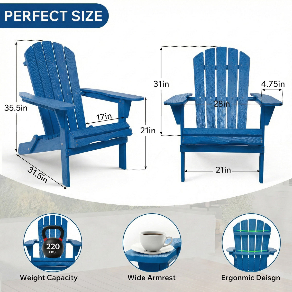Sillón Plegable Adirondack Lounge con Relieve para Patio, Jardín, Terraza o Piscina - Azul Marino