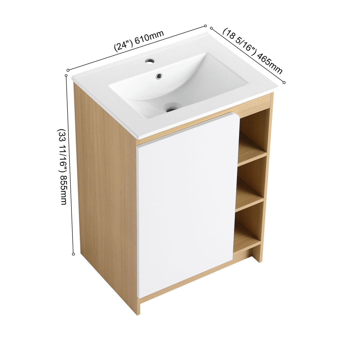 Tocador de baño independiente con lavabo de borde delgado, puerta única con estantes abiertos de 4 niveles - Roble claro / Blanco