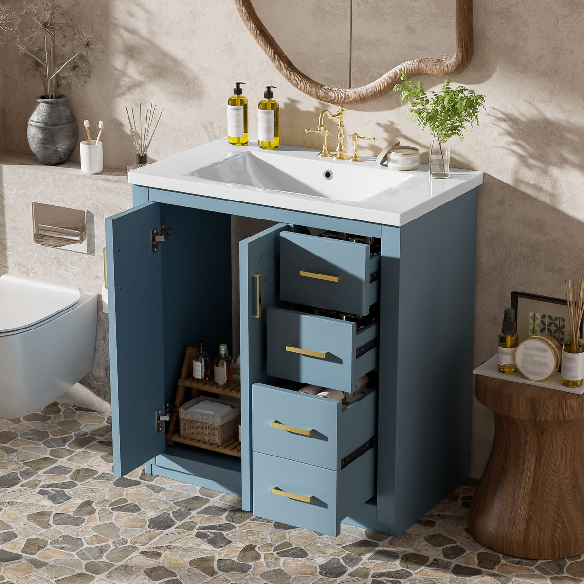 Tocador de baño con lavabo, mueble de almacenamiento, conjunto independiente con 3 cajones y puertas de cierre suave