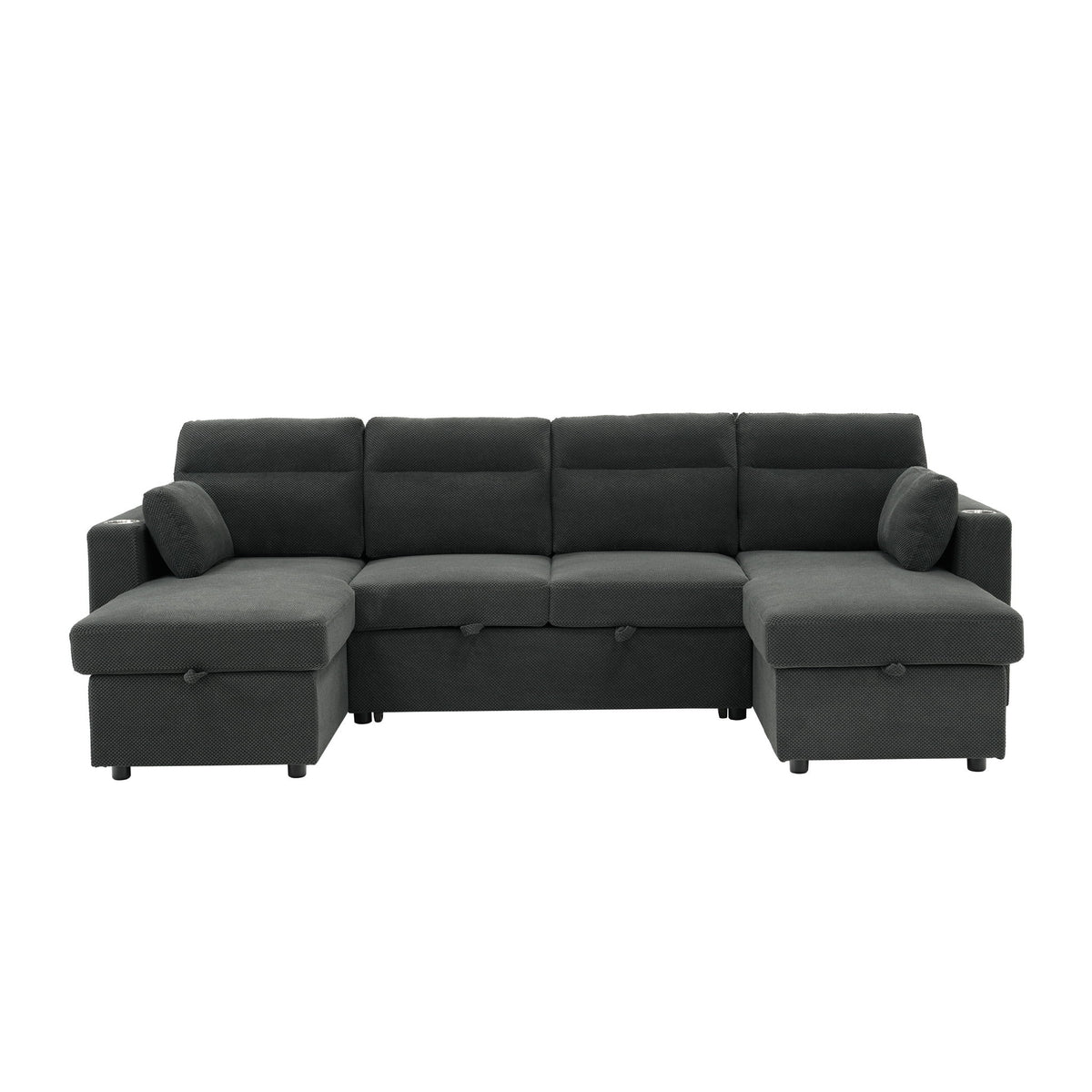 Convertible Sectional Sofa With Storage Chaise, Cup Holders And Pull Out Sleeper