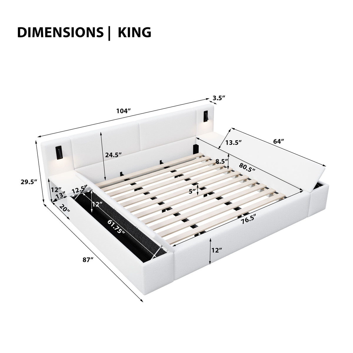 Estructura de cama tapizada con plataforma, almacenamiento oculto, mesitas de noche integradas y luces LED de lectura