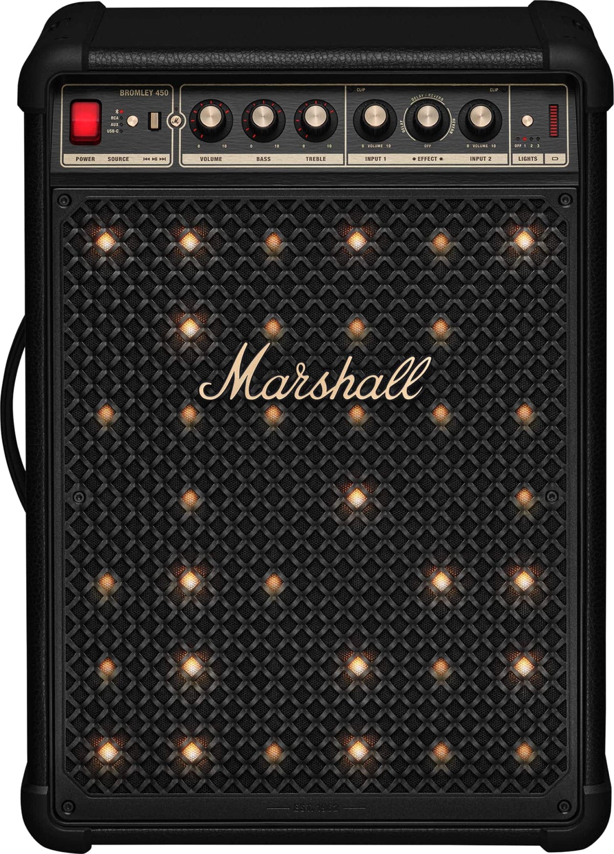 Marshall - Bromley 450 Portable Wireless Party Speaker with Bluetooth / 3.5 mm Auxiliary / RCA / Microphone Inputs and LED Lights - Black/Brass