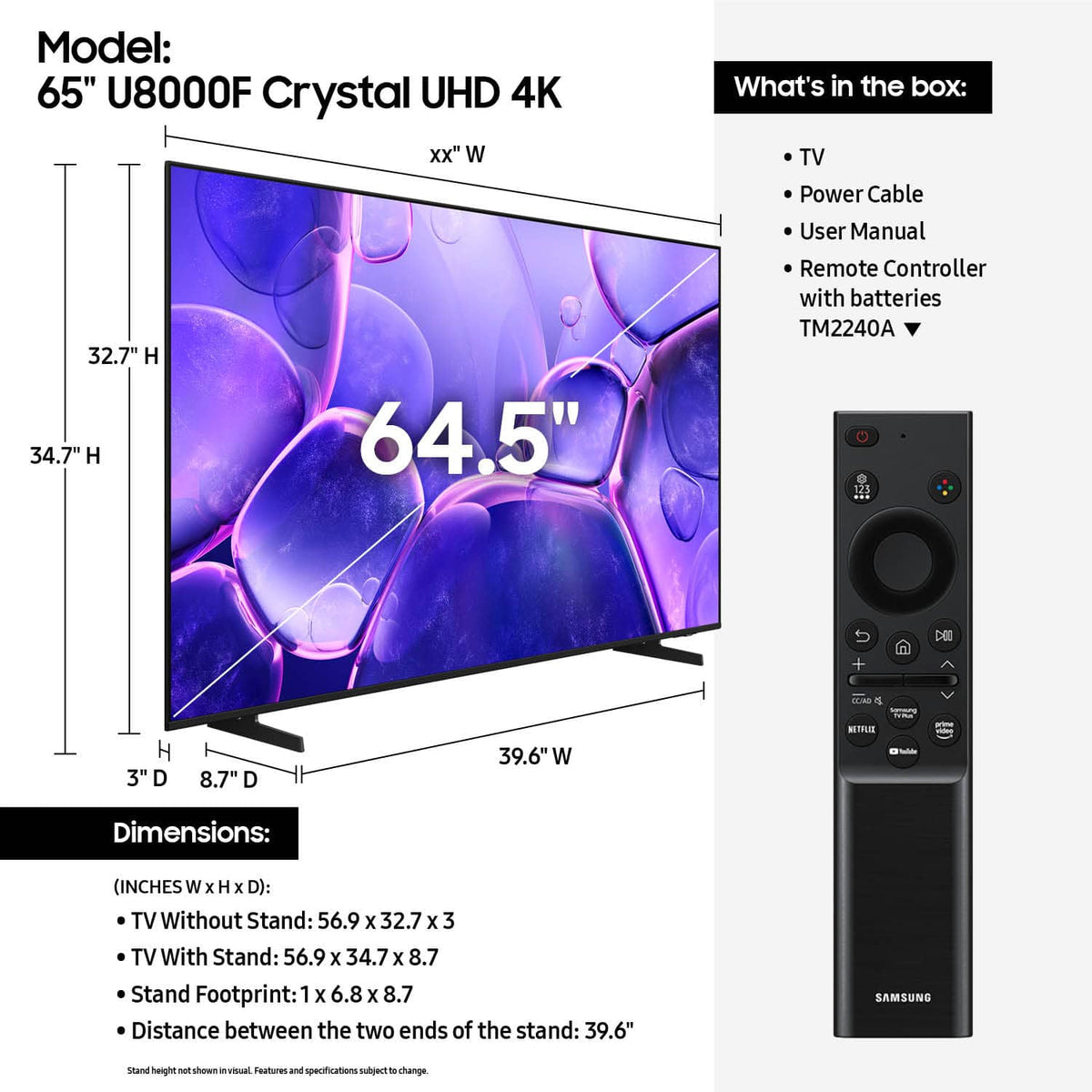 Samsung - 65” Class U8000F Series Crystal UHD 4K Smart Tizen TV (2025)