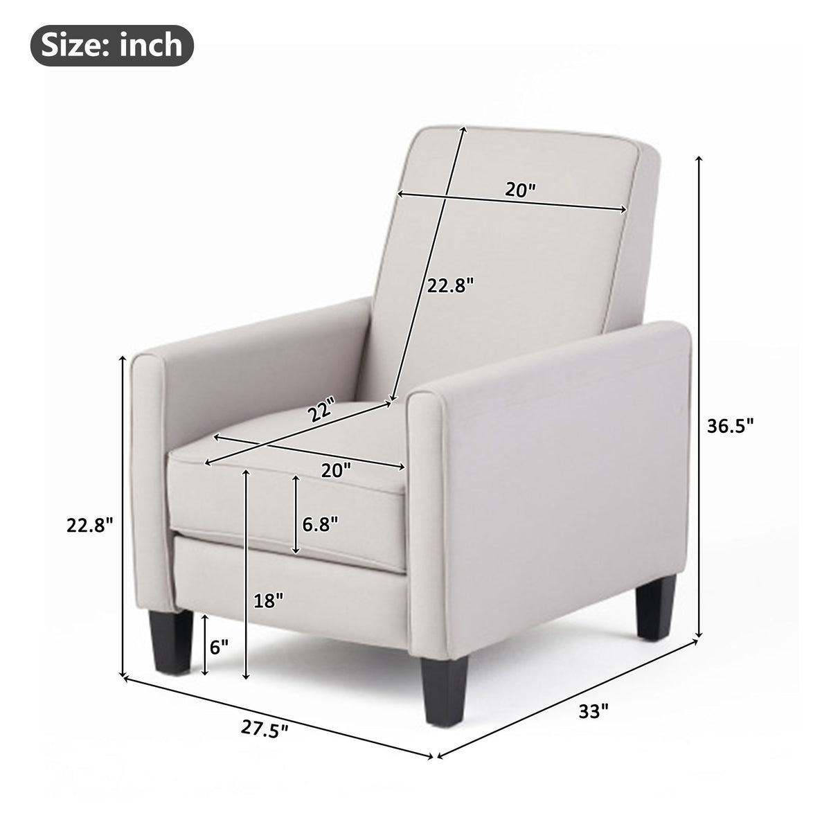 Sillón reclinable tapizado con respaldo retráctil para sala de estar