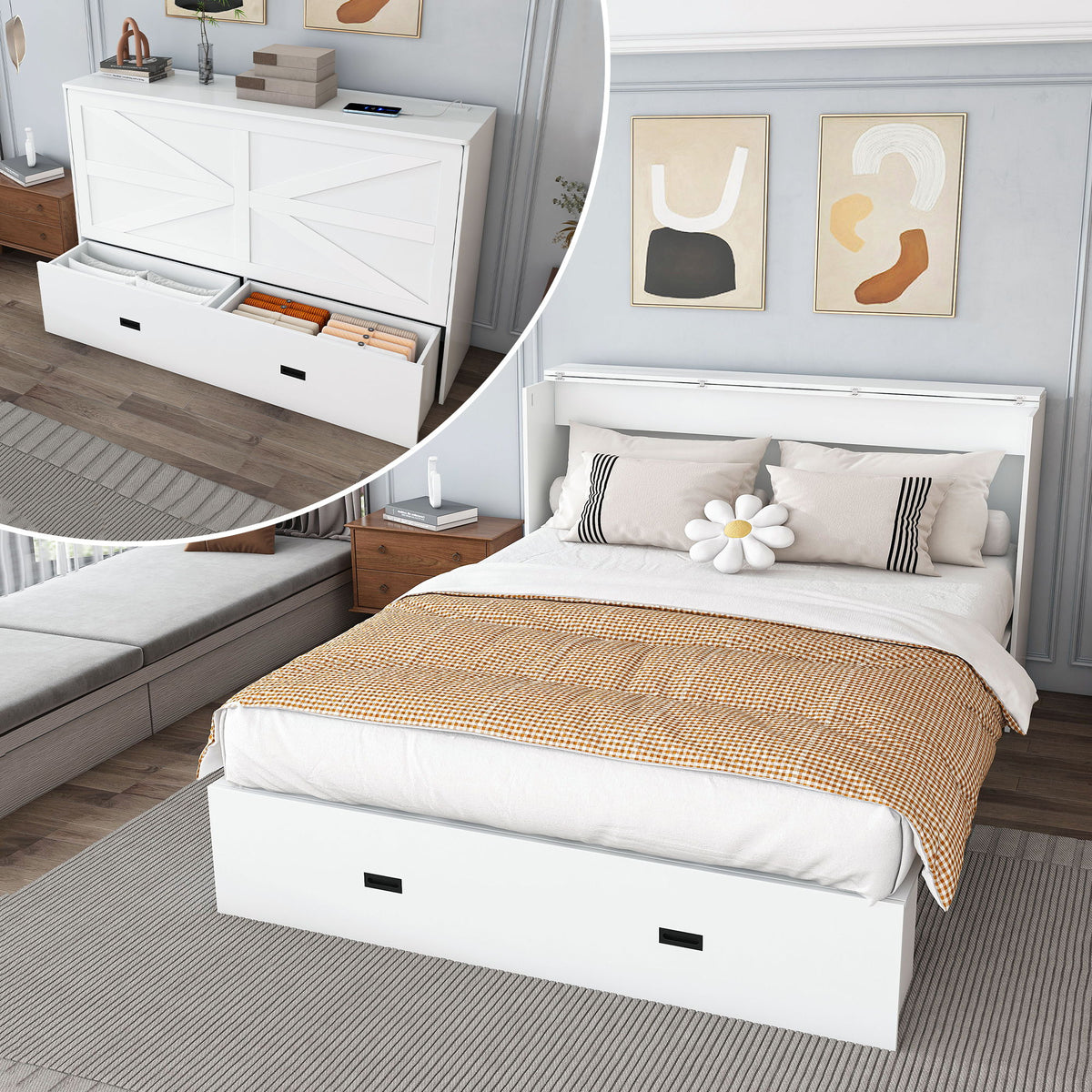 Cama Murphy matrimonial con cajones de almacenamiento, estación de carga, paneles plegables y ruedas giratorias silenciosas