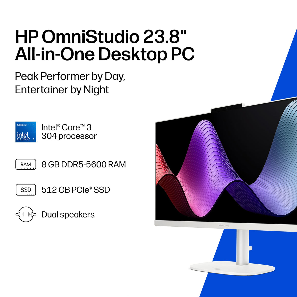 HP - OmniStudio 23.8" WLED Touchscreen All-in-One with Adjustable Height - Intel Core 3 304 (2026) - 8GB Memory - 512GB SSD - Cotton White