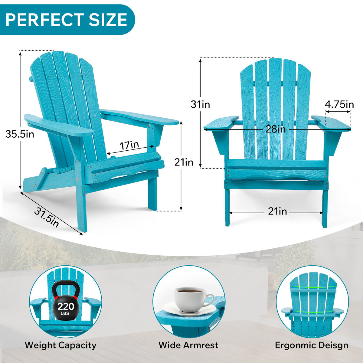 Sillón Adirondack plegable para exteriores con textura de veta natural - Azul turquesa