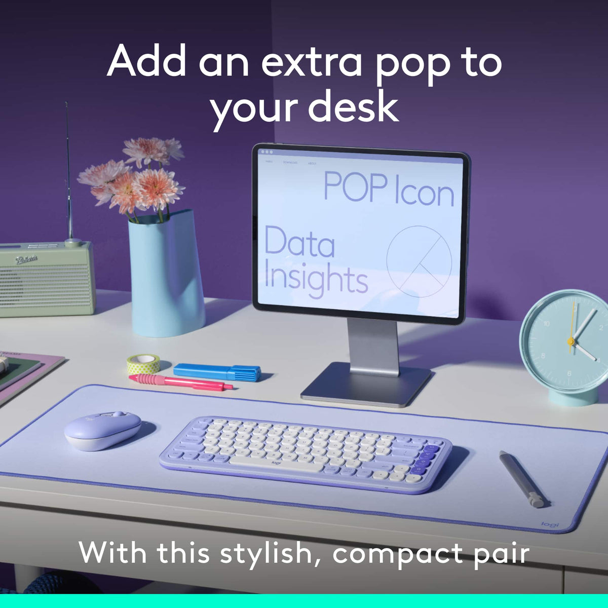 Logitech - POP ICON COMBO Compact TKL Wireless Bluetooth Keyboard and Mouse Bundle with Programmable Quiet Keys and Buttons - Lilac & Off-White