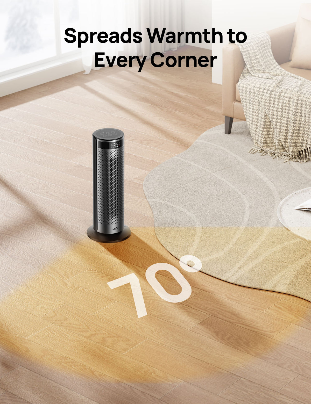 DREO - 20'' Portable Ceramic Space Heater for Home, 70° Oscillation, 12H Timer and Thermostat, 3 Heat Levels, Solaris 628 - Silver