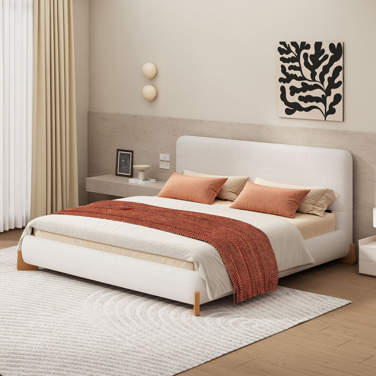 Cama tapizada tamaño queen con soporte de listones - Blanca