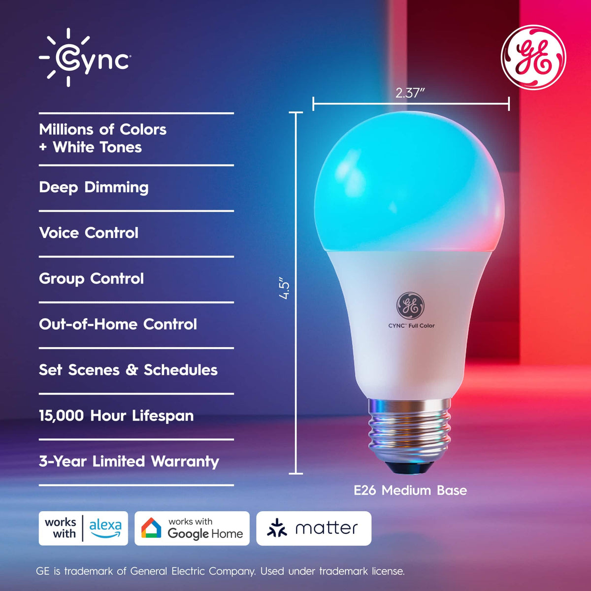 Cync - A19 LED Light Bulb, Matter Compatible, Color Changing, 1pk - Full Color