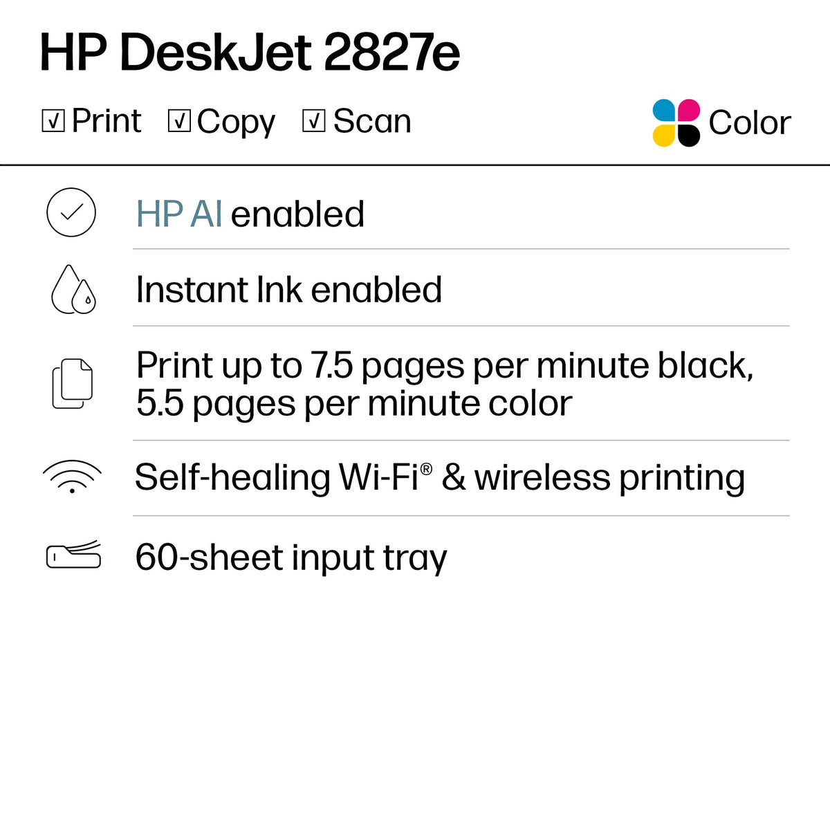 HP - DeskJet 2827e Wireless AI-Enabled All-in-One Inkjet Printer with 3 Months of Instant Ink - White