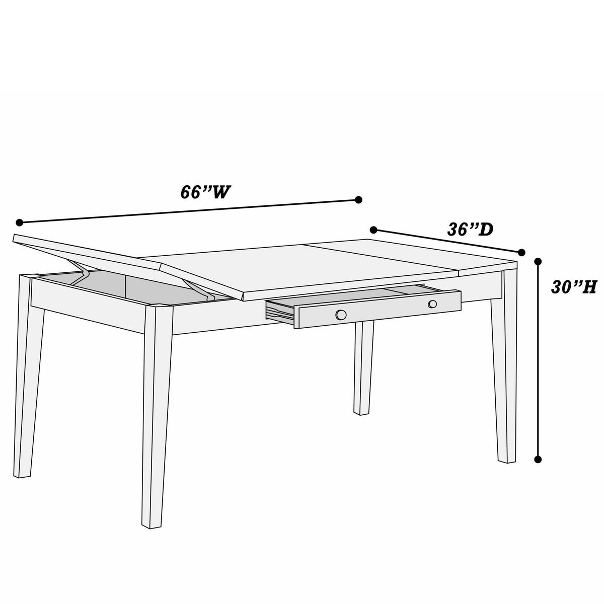 Mesa de comedor con almacenamiento elevable integrado y cajón, mueble rectangular - Nogal