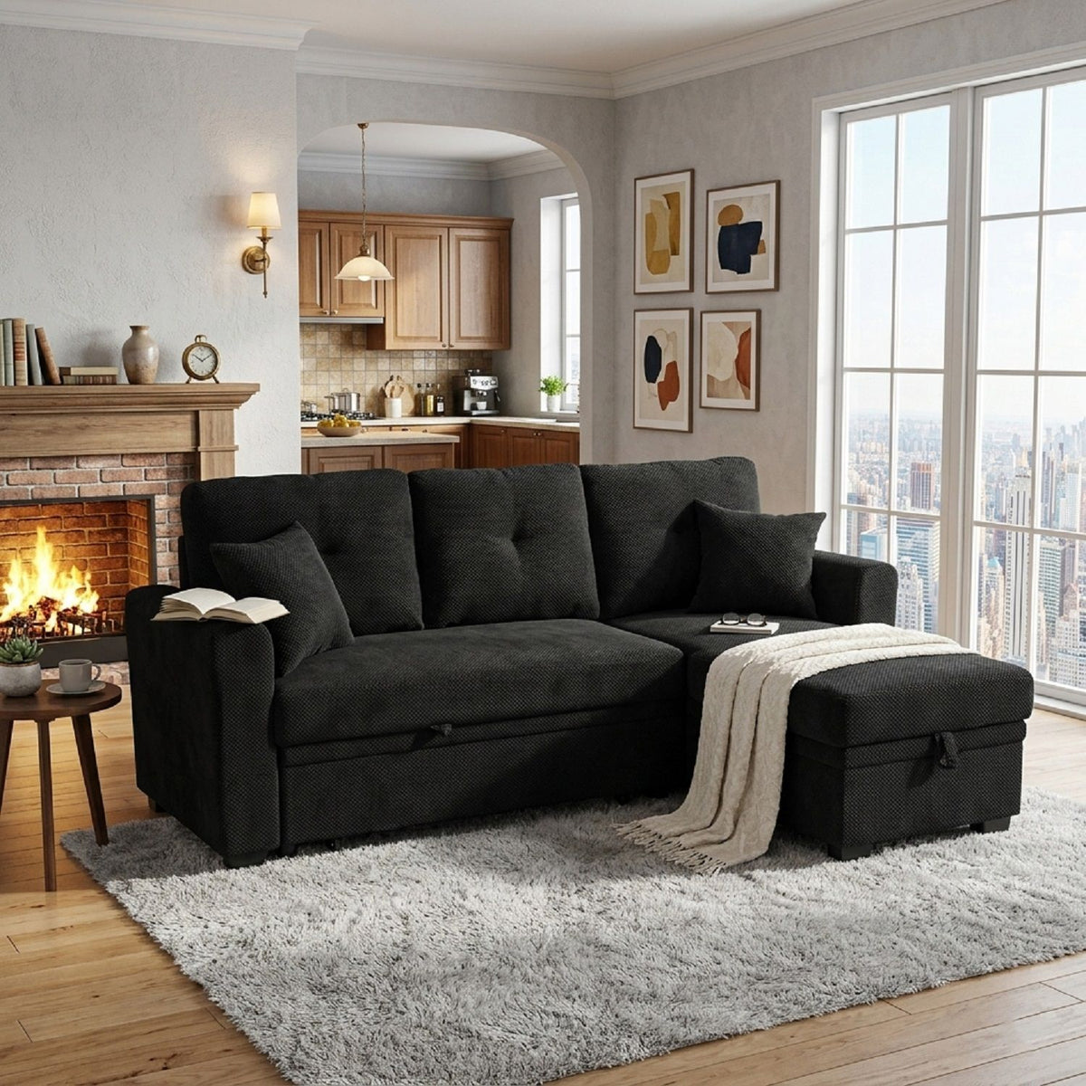 Sofá seccional cama con nido extraíble, chaiselongue reversible