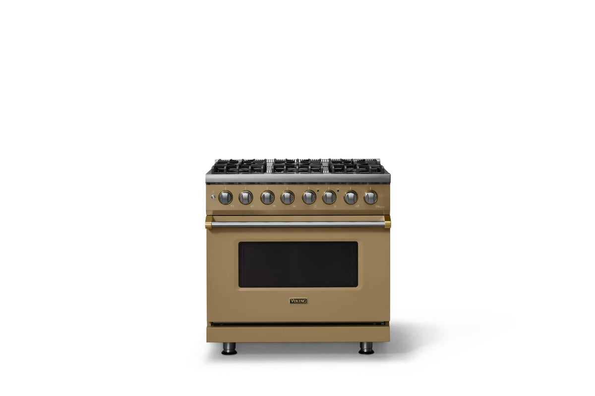 Viking - 36"W 5.6 Cu.Ft. Pro5S Freestanding Sealed 6 Burner Dual Fuel Convection LP Range - Golden Hour w. Brushed Brass Trim - Golden Hour