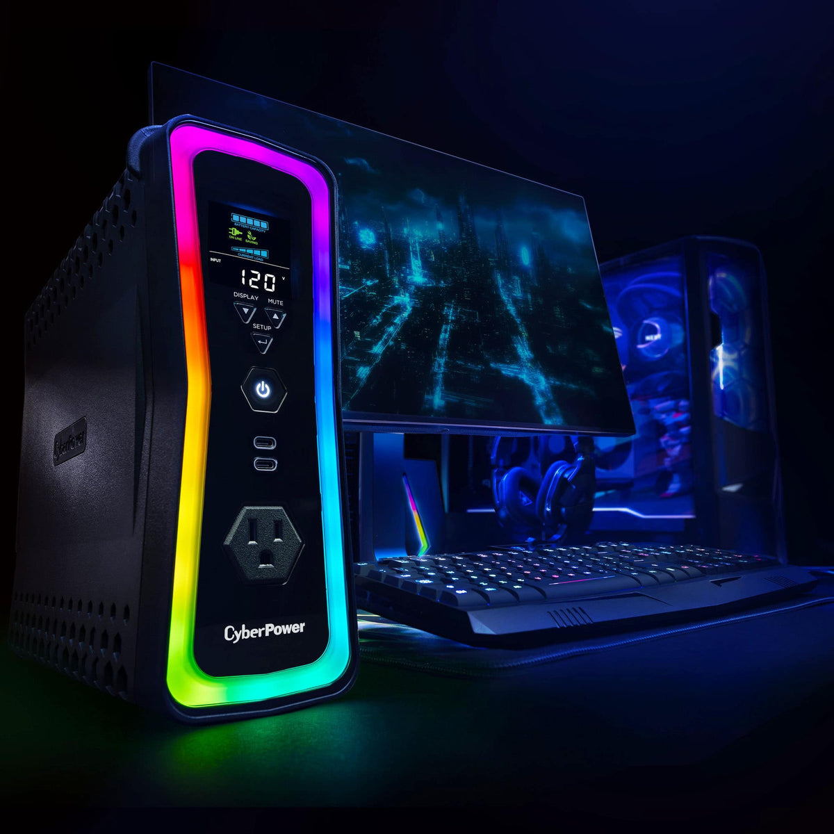 CyberPower - GX150C2 Gaming UPS Battery Backup with RGB Lighting, Sine Wave Output, and USB Charging Ports - Black