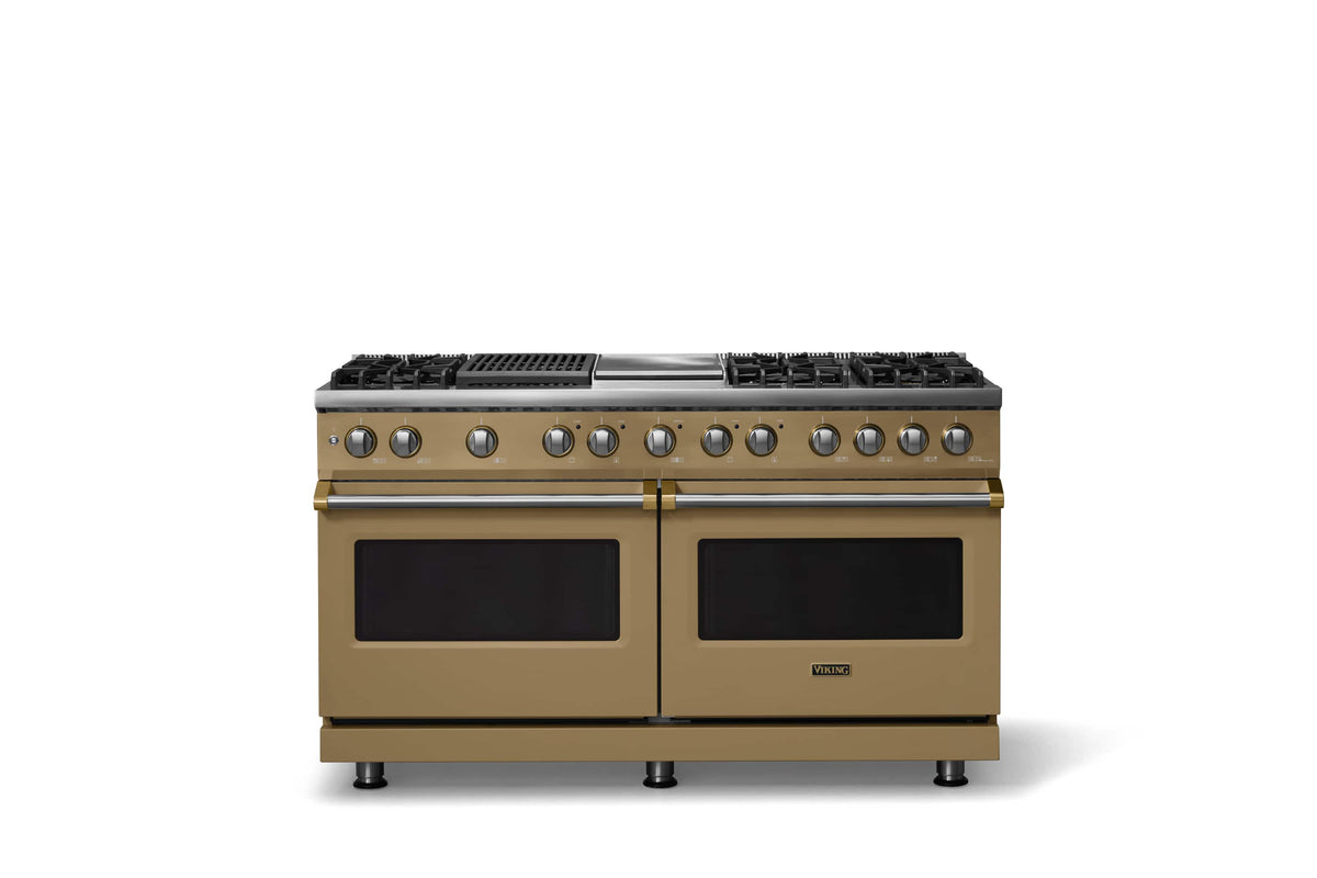 Viking - 60"W. 8 Burner Pro 5 Series 9.4 Cu. Ft. Freestanding Sealed LP Dual Fuel ConvectionRange with Brushed Brass Trim - Golden Hour