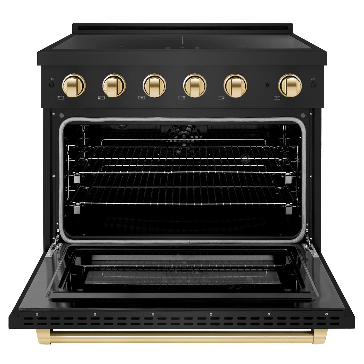 ZLINE - 36 in. Wide 5 Elements Autograph 5.2 cu. ft. Paramount Freestanding Induction Range in Black Steel with Gold Accents - Black Stainless Steel