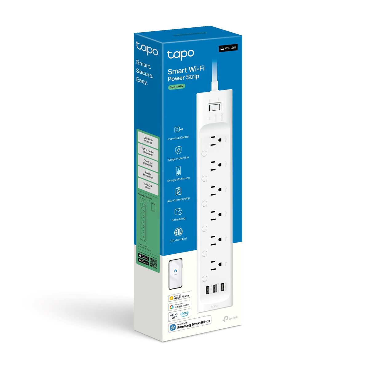TP-Link - Tapo P316M Smart Power Strip with 6 Individually Controlled Smart Outlets & 3 USB Ports with Surge Protection - White