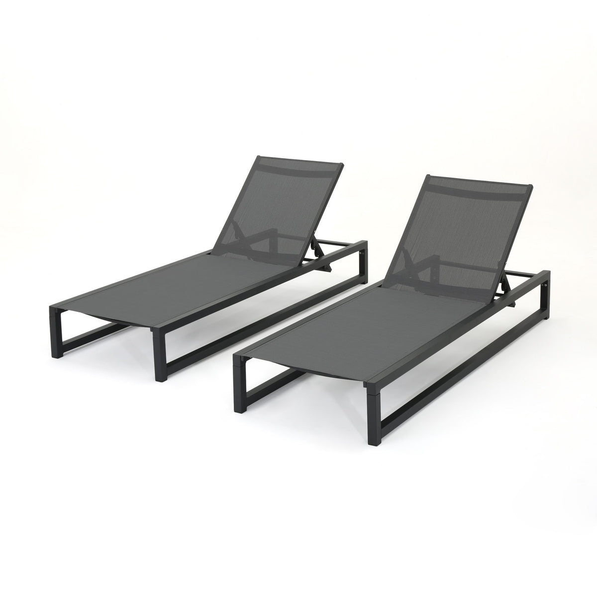 Chaise Lounge (Set of 2), Outdoor Patio Lounge Chairs With 5 Reclining Positions - Black / Gray