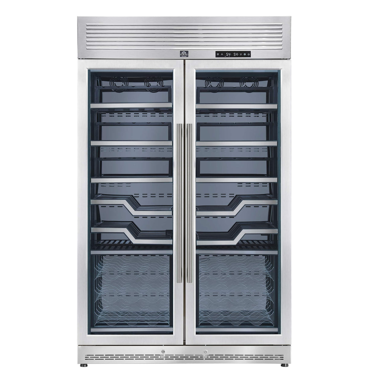 Forno Appliances - Abruzzo 102-Bottle Freestanding Dual Zone Wine Cellar with Green Acrylic Holders & Black Shelves - Stainless Steel