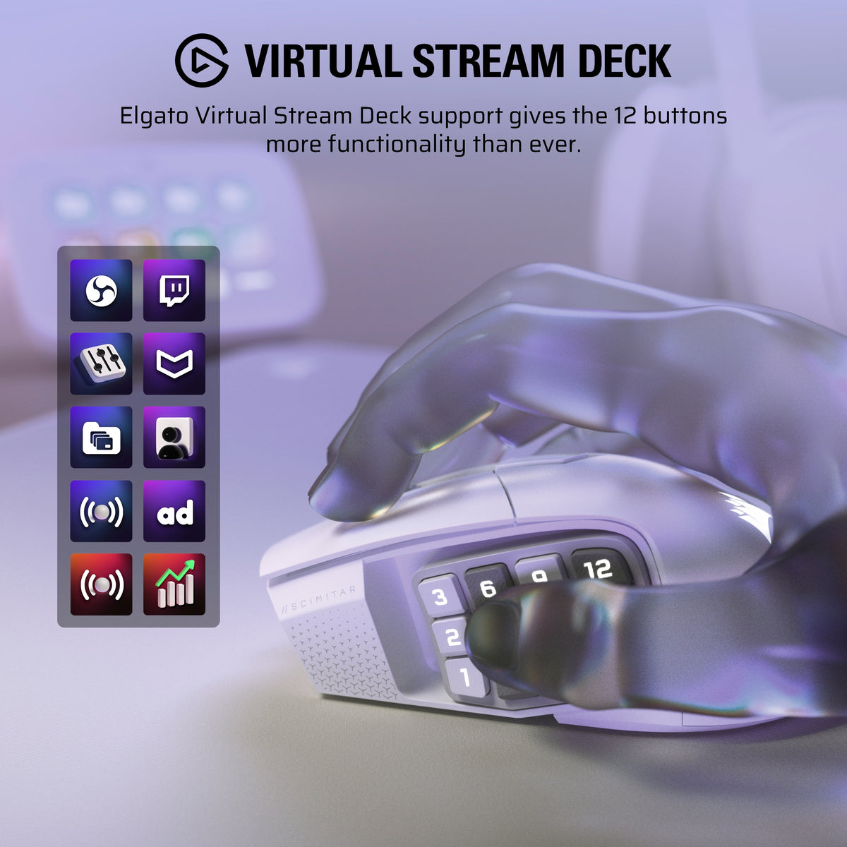CORSAIR - Scimitar Elite Wireless SE MOBA/MMO Optical Gaming Mouse with 16 Programmable Buttons - Wireless - White