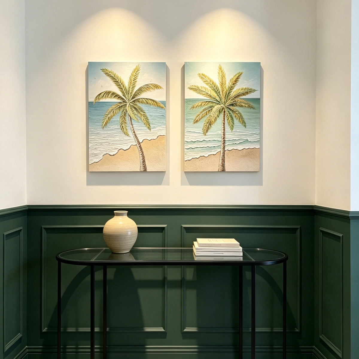 Arte de pared de palmeras, cuadro en lienzo de playa con detalles, decoración tropical texturizada pintada a mano (juego de 2) - Azul aguamarina