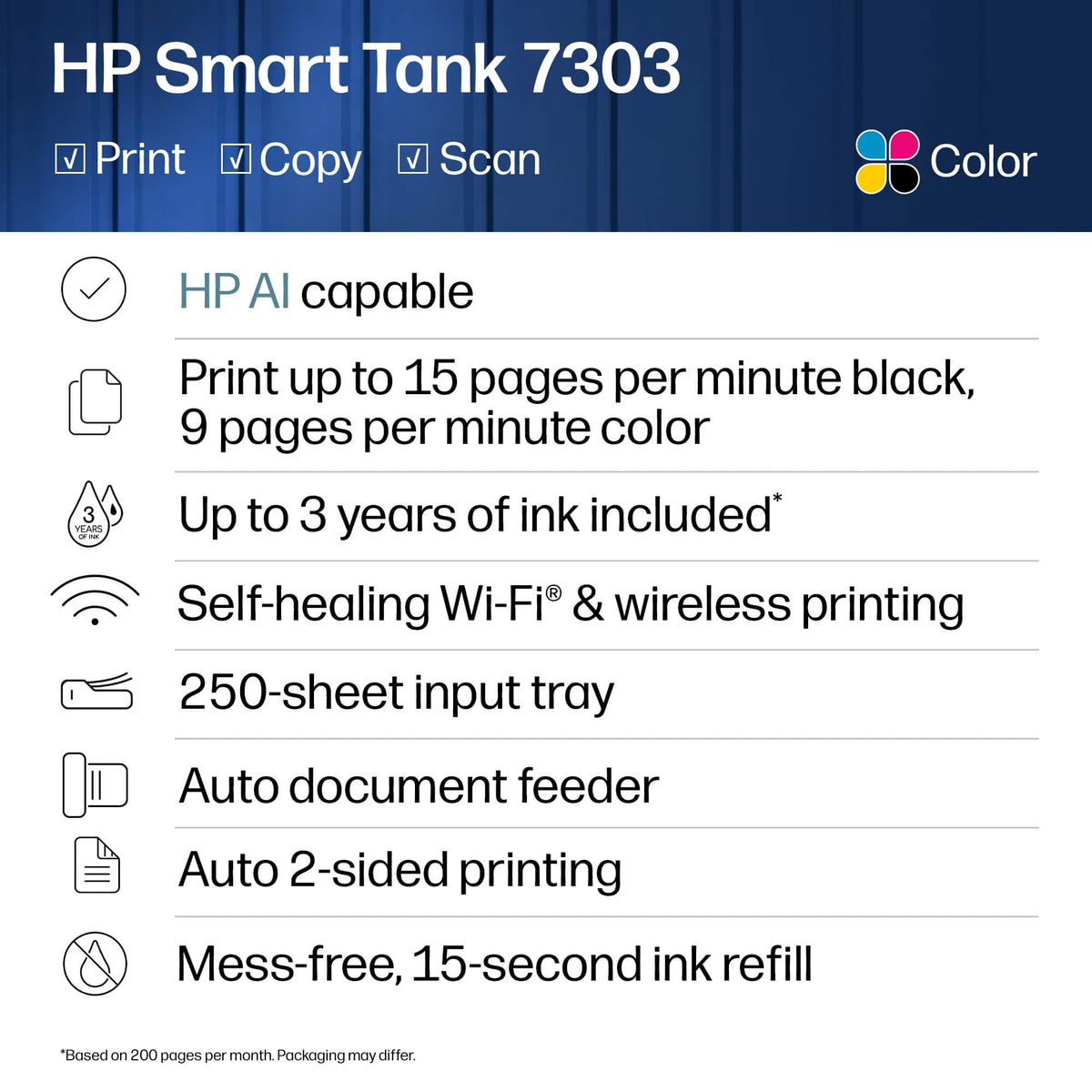 HP - Smart Tank 7303 Wireless All-in-One AI-Enabled Cartridge-Free Supertank Inkjet Printer with 3 Years of Ink Included¹ - White