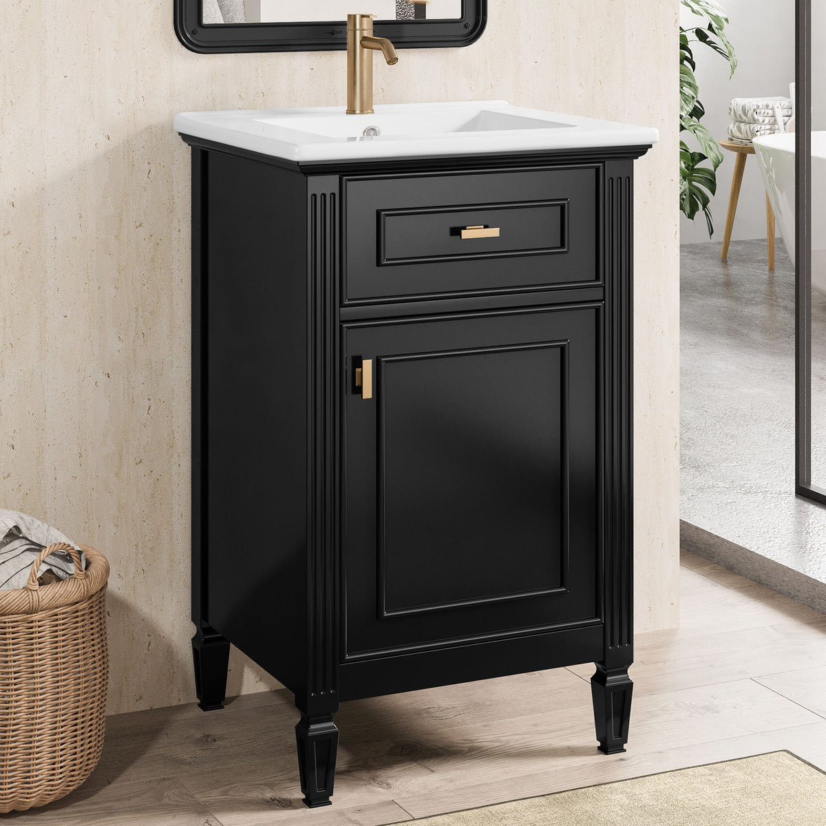Tocador de baño con lavabo, estante ajustable y cajón abatible
