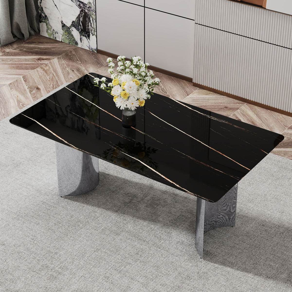 Modern Minimalist Dining Table With Imitation Marble Glass Desktop And Metal Legs