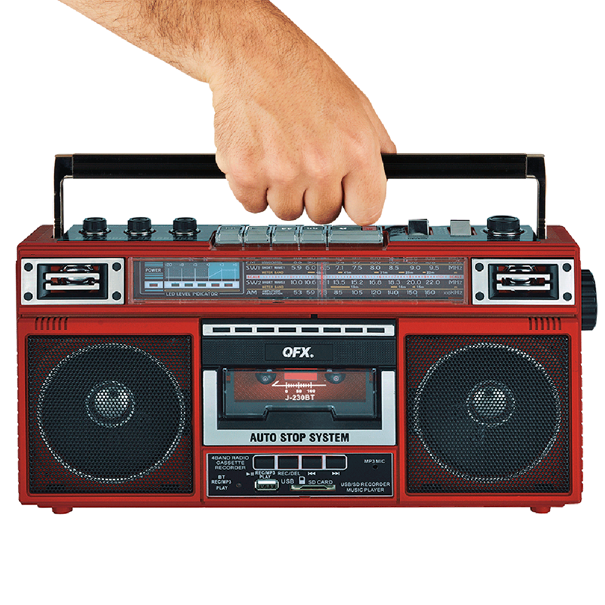 QFX - RECHARGEABLE CASSETTE AM/FM/SW1-2 RADIO BLUETOOTH BOOMBOX WITH USB RECORDING - Red