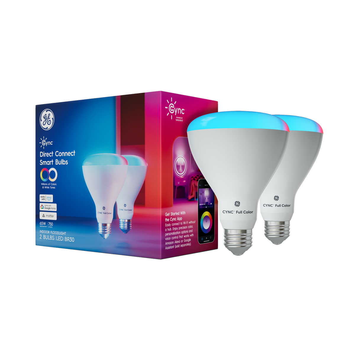 Cync - Direct Connect BR30 65W Smart LED Bulb (2-Pack) - Full Color