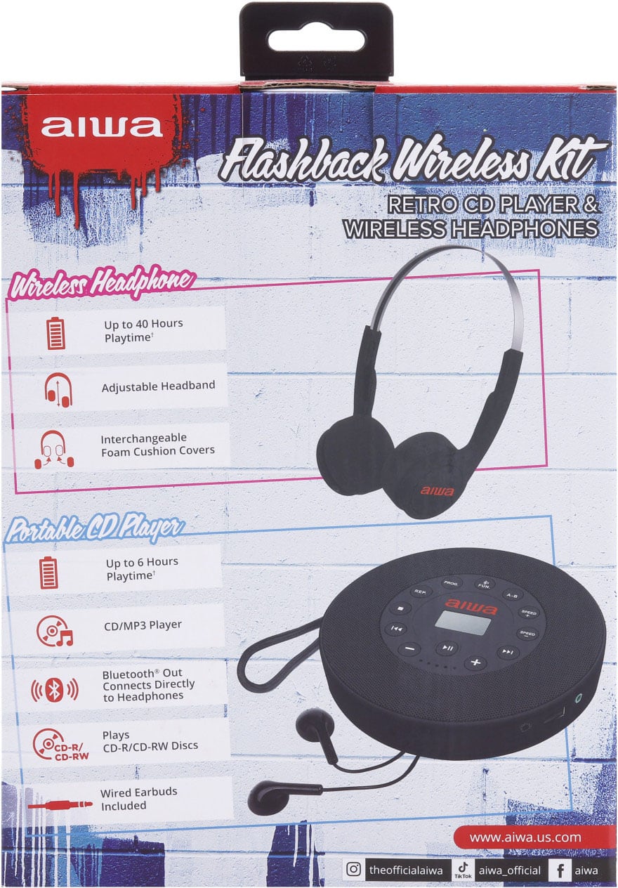 Aiwa - Flashback Wireless Kit Retro CD Player & Wireless Headphones - Black