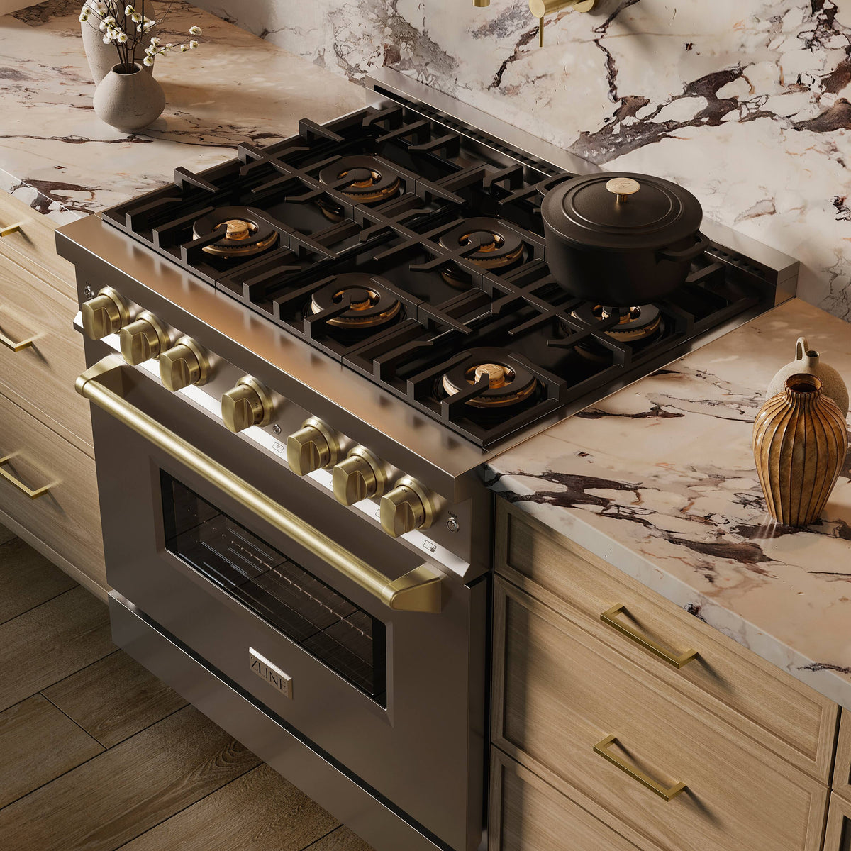 ZLINE - Autograph 36 in. 5.2 cu. ft. Classic Freestanding DuoPro Gas Range with Convection Oven & Champagne Bronze Accents - Stainless Steel