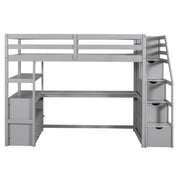 Loft Bed With Desk, Shelves, 2 Drawers, Storage Staircase