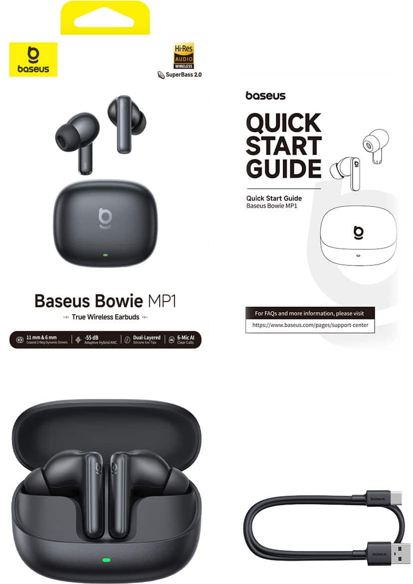 Baseus - Bass EP10 Ultra Noise Cancelling Earbuds - 65-Hour Playtime,Adaptive ANC,LDAC Hi-Res,Bluetooth 6.0 - Black