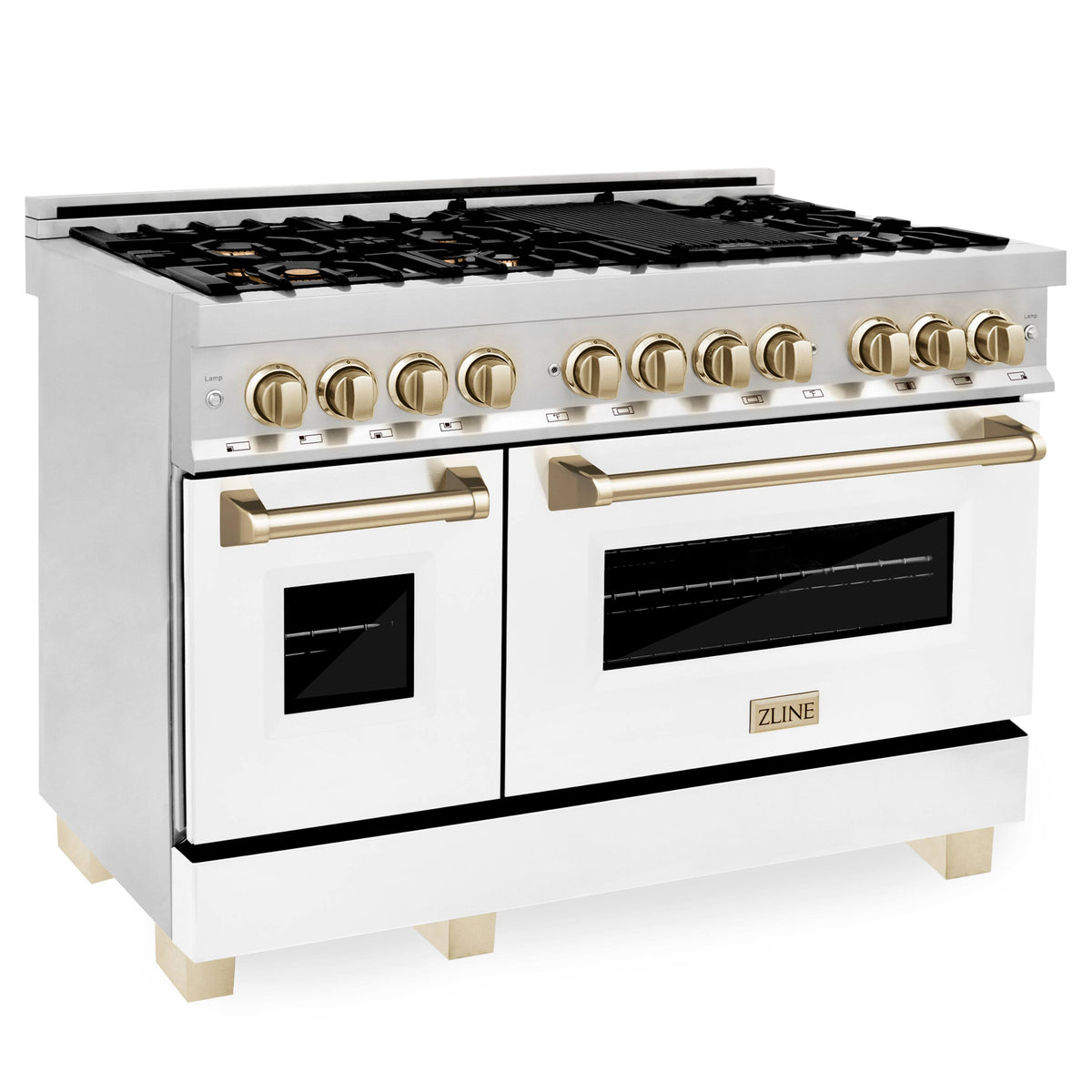 ZLINE - 48 in. Wide 8 Burner Autograph Legacy Dual Fuel Range in White & Gold Accents (RAZ-WM-48-G) - Stainless Steel