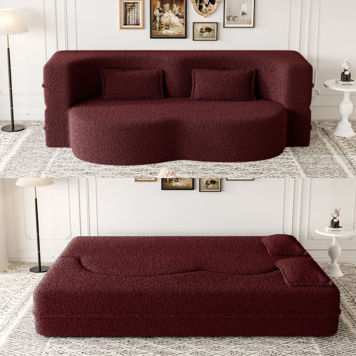 Modern Floor Sofa, With 2 Pillows, Convertible Teddy Fabric Foam Filled Bed