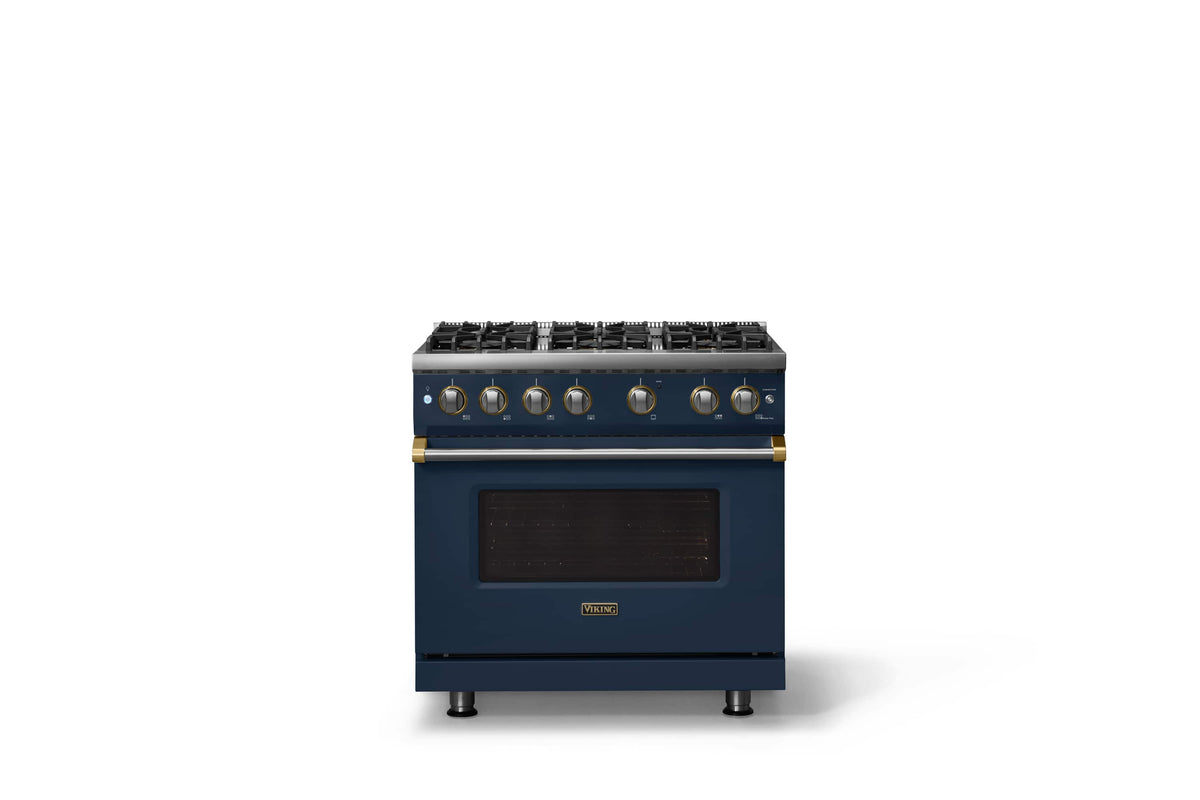 Viking - 36 in. Wide 6 Burner Pro 5 Series 5.1 Cu.Ft. Freestanding Sealed Burner Propane Gas Convection Range w/ Brushed Brass - Slate Blue