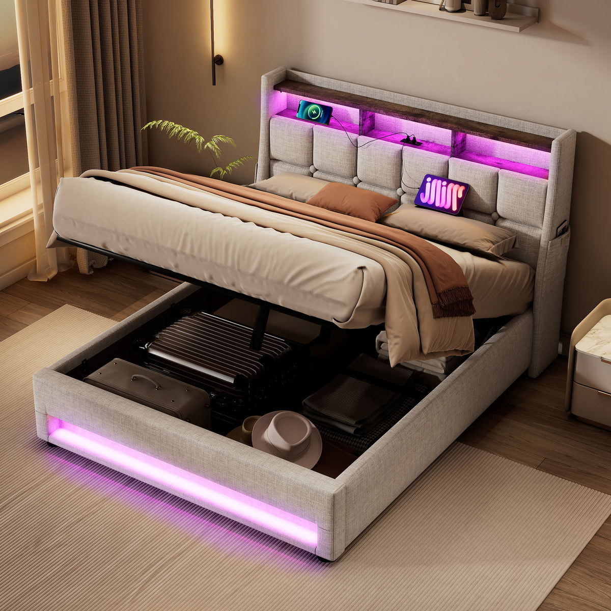 Cama con plataforma con almacenamiento hidráulico, iluminación LED y estación de carga