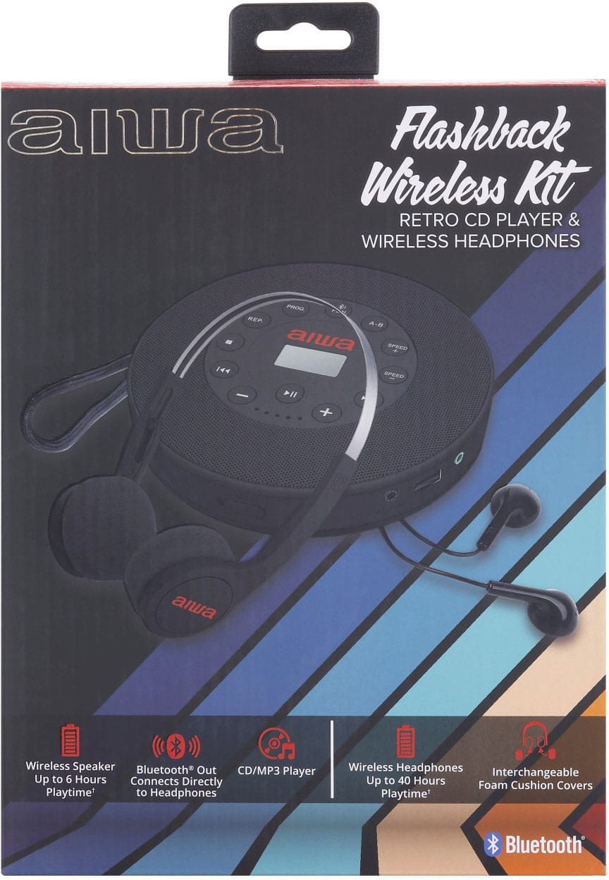 Aiwa - Flashback Wireless Kit Retro CD Player & Wireless Headphones - Black