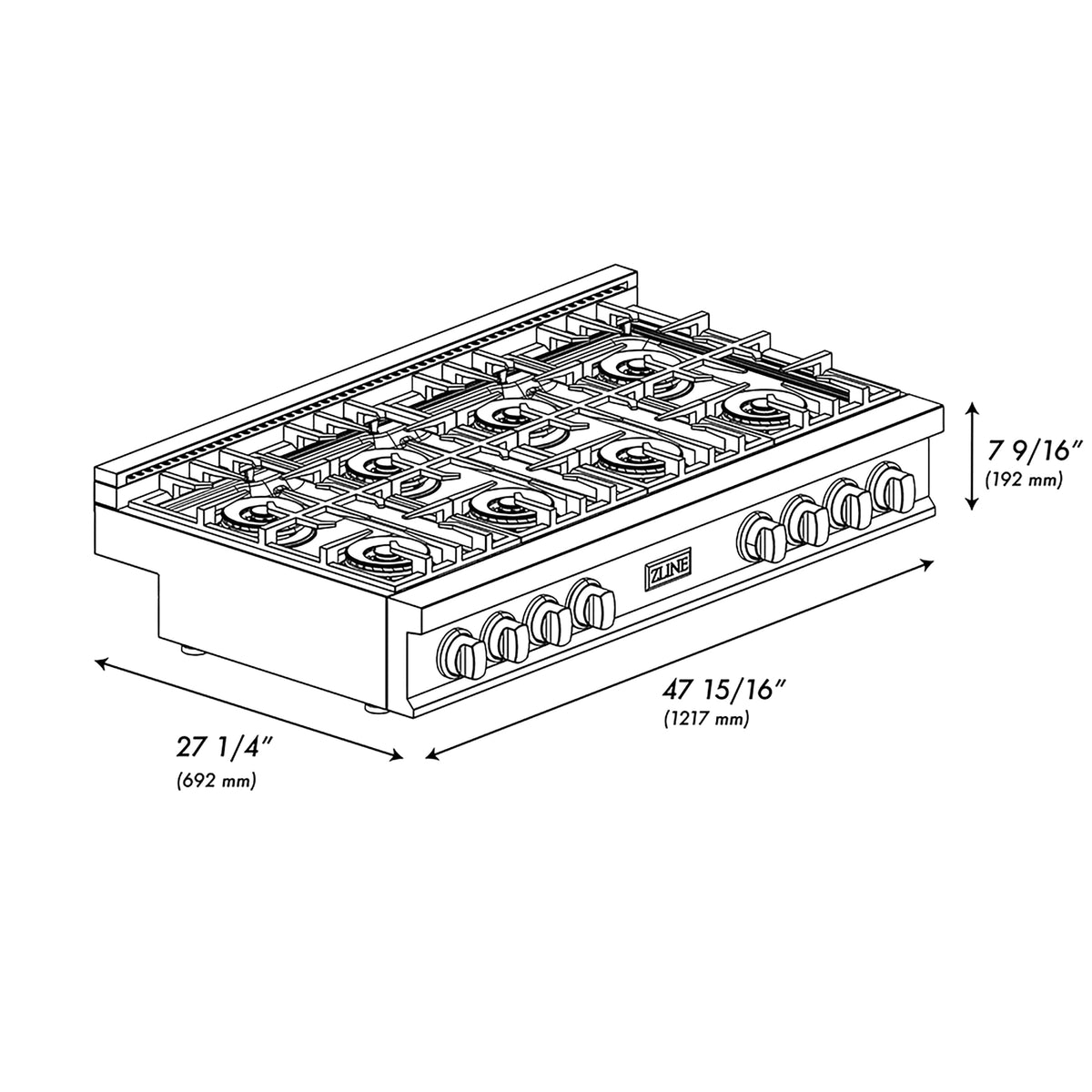 ZLINE - 48 in. Wide 8 Burner Autograph  Black Stainless Classic Rangetop with DuoPro Burners and Gold Accents (PCRTBZ-48-G) - Black Stainless Steel
